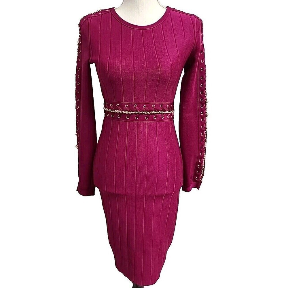 WOW Gold Label Magenta Pink Bandage Dress Gold Chain Lace Up‎ Bodycon Midi Small